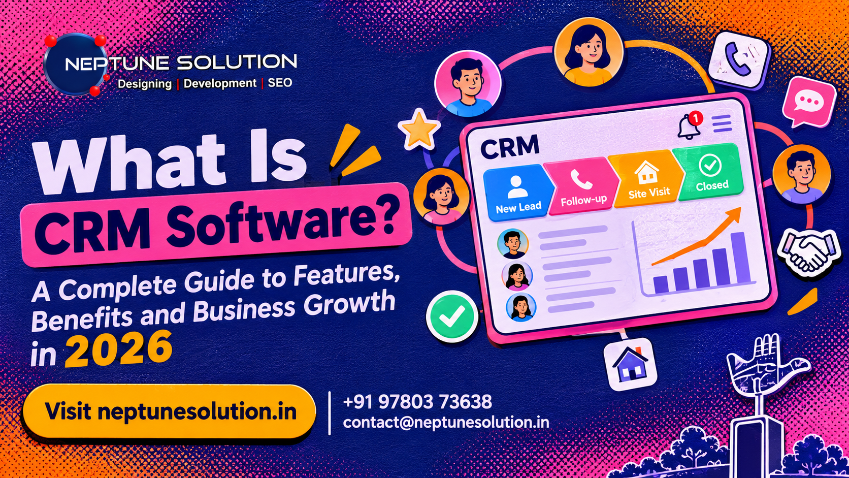 CRM software guide 2026 by Neptune Solution, featuring lead management, sales pipeline, and business growth.