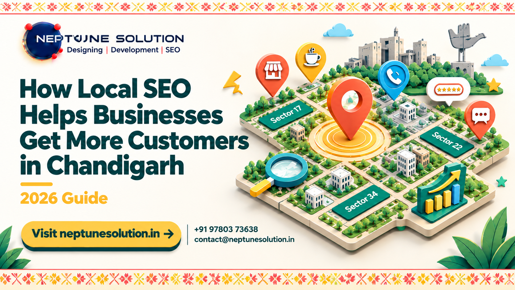 Local SEO banner showing Chandigarh city map, location pins, customer reviews, and business growth by Neptune Solution.