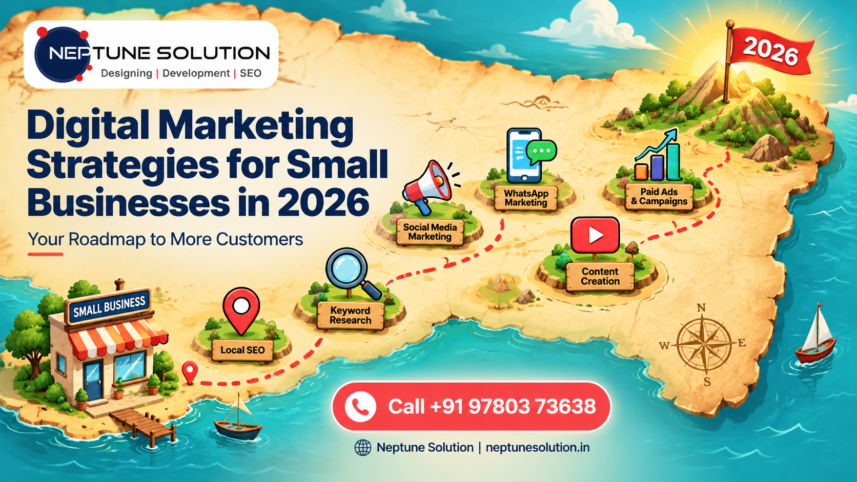 Digital marketing strategies for small businesses in 2026 by Neptune Solution, featuring SEO, social media, WhatsApp marketing, and paid ads.