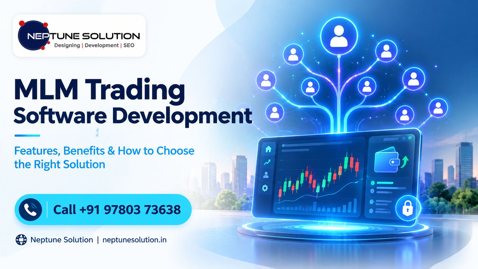 MLM trading software development by Neptune Solution with referral network, trading dashboard, and secure fintech features.