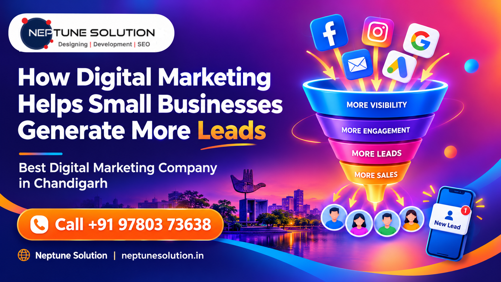 How Digital Marketing Helps Small Businesses Generate More Leads — a vibrant Neptune Solution digital marketing banner featuring a 3D lead-generation funnel, social media and Google icons, customer profiles, a new lead notification, and Chandigarh branding.