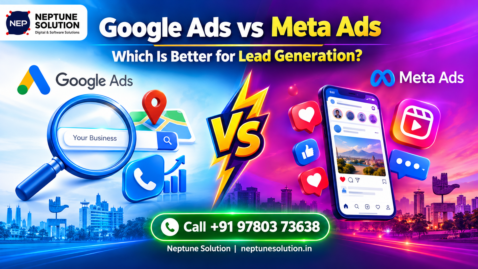Google Ads vs Meta Ads for lead generation by Neptune Solution.
