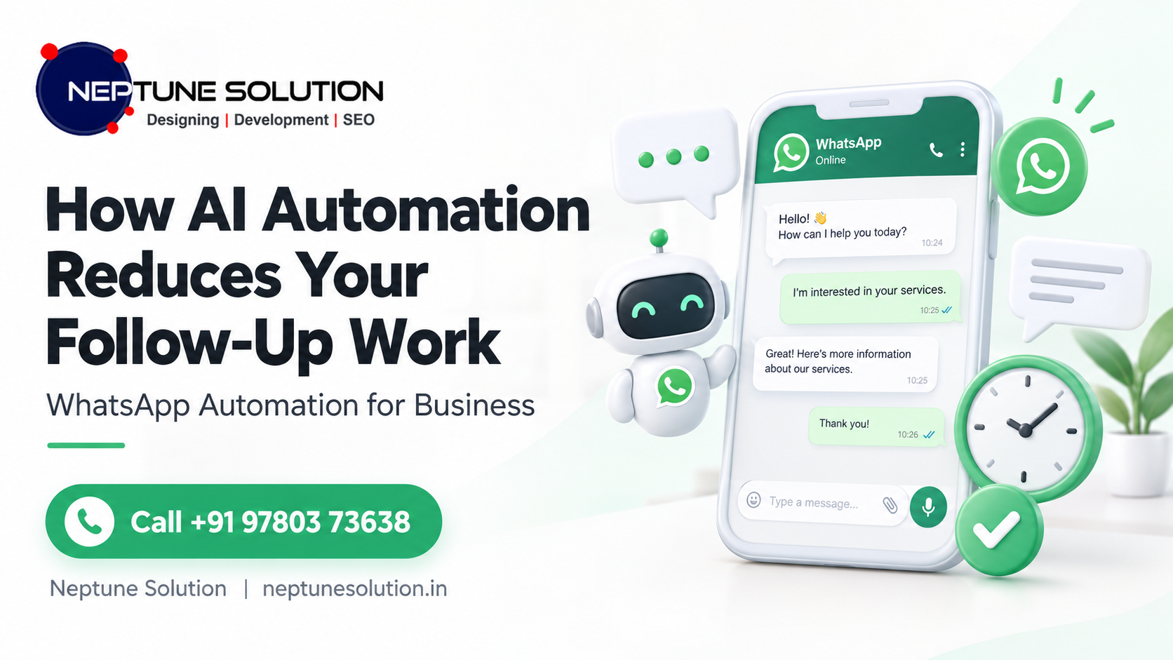 AI automation and WhatsApp business follow-up banner by Neptune Solution.